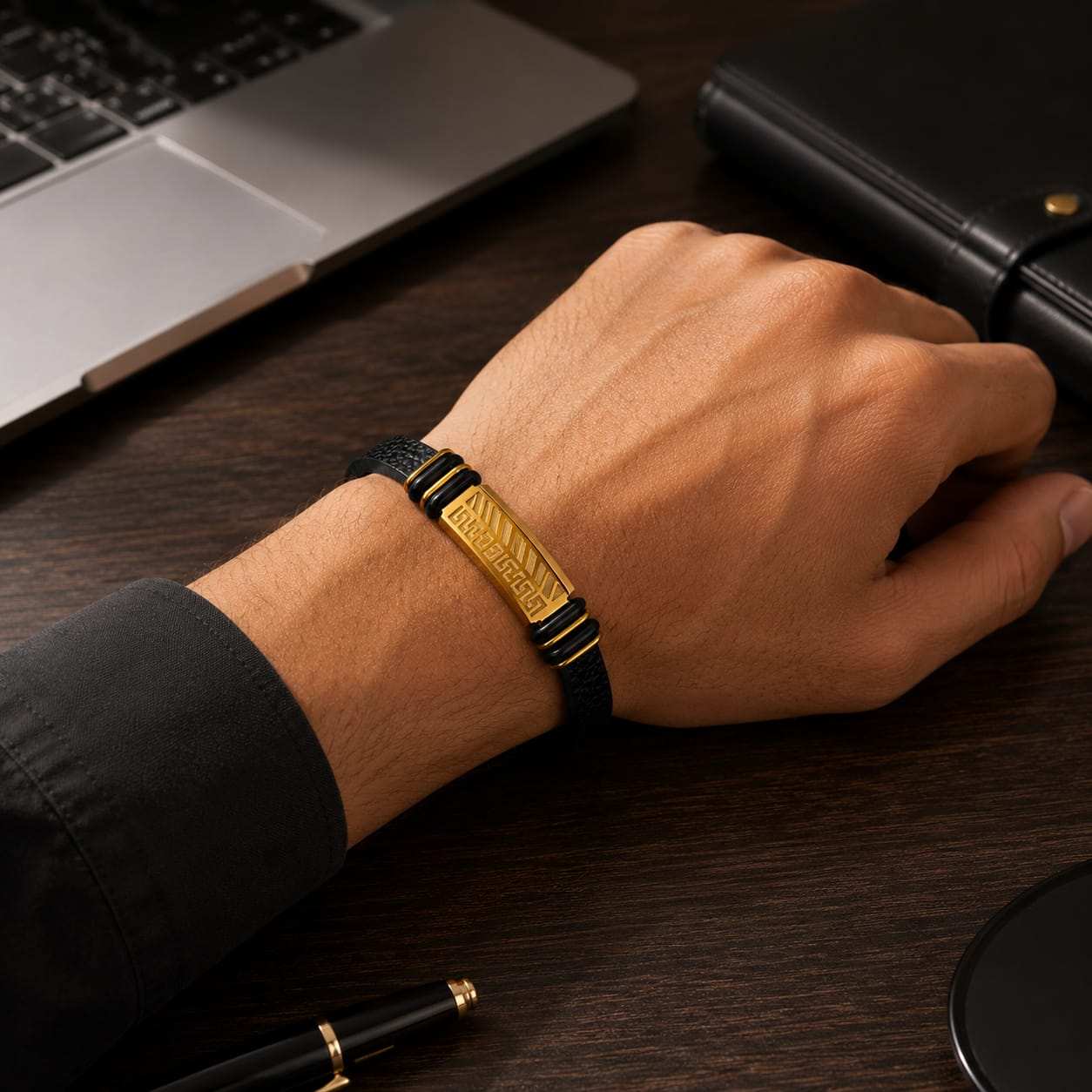 Luxury Men's Leather Bracelet with Gold Geometric Plate