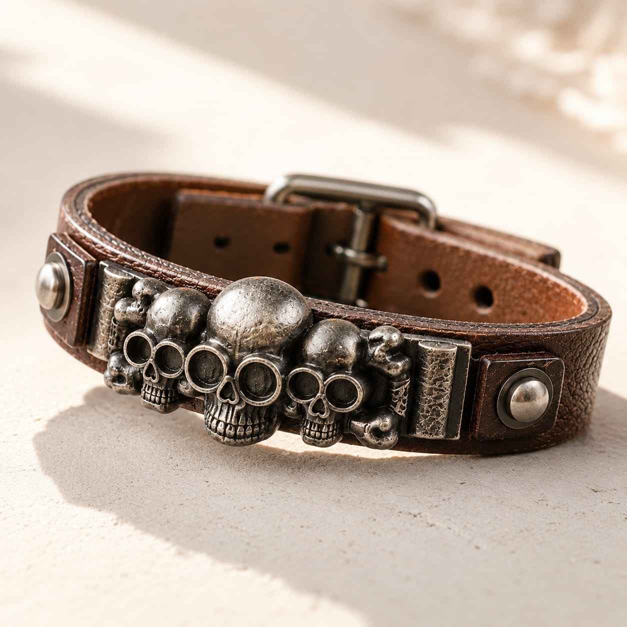 Bracelet Vintage en Cuir avec Ornement Tête de Mort