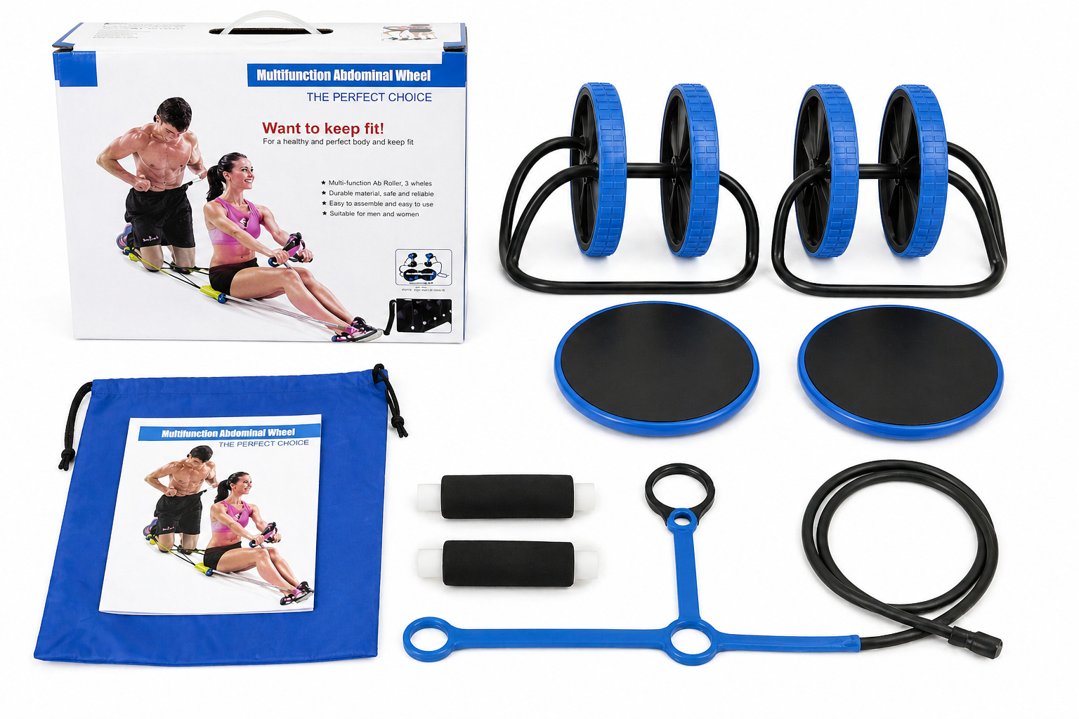 4-Wheel Ab Roller with Resistance Bands & Knee Pad