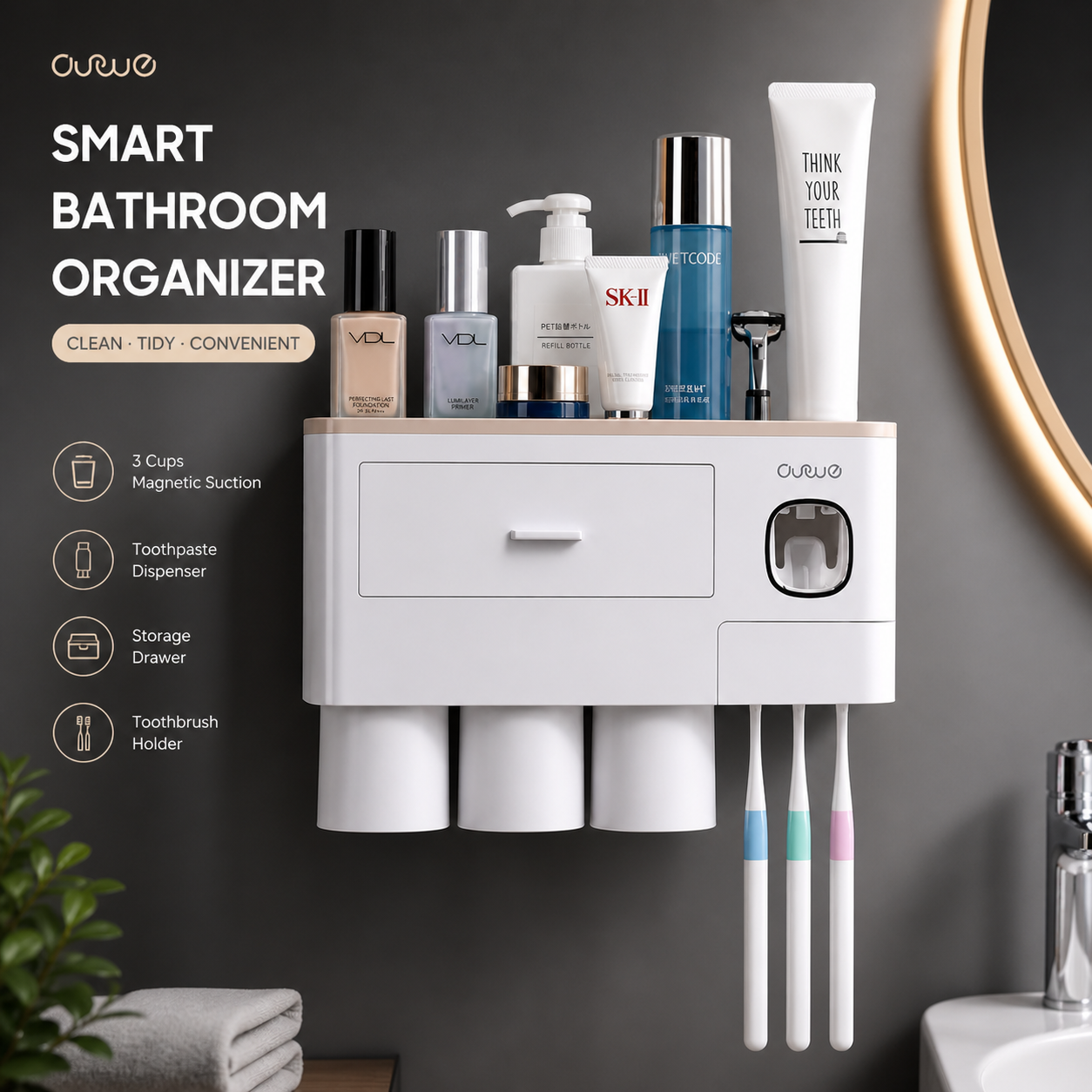 CleanSpace Pr  Wall-Mounted Toothbrush & Organizer Station