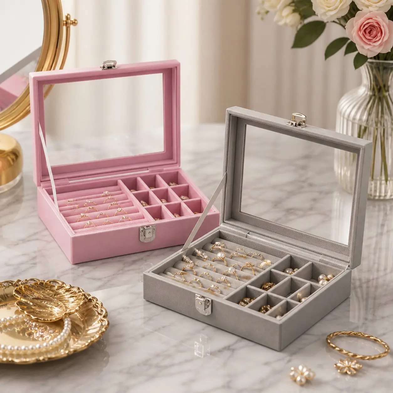 LuxeVault™ Boîte à bijoux avec couvercle en verre