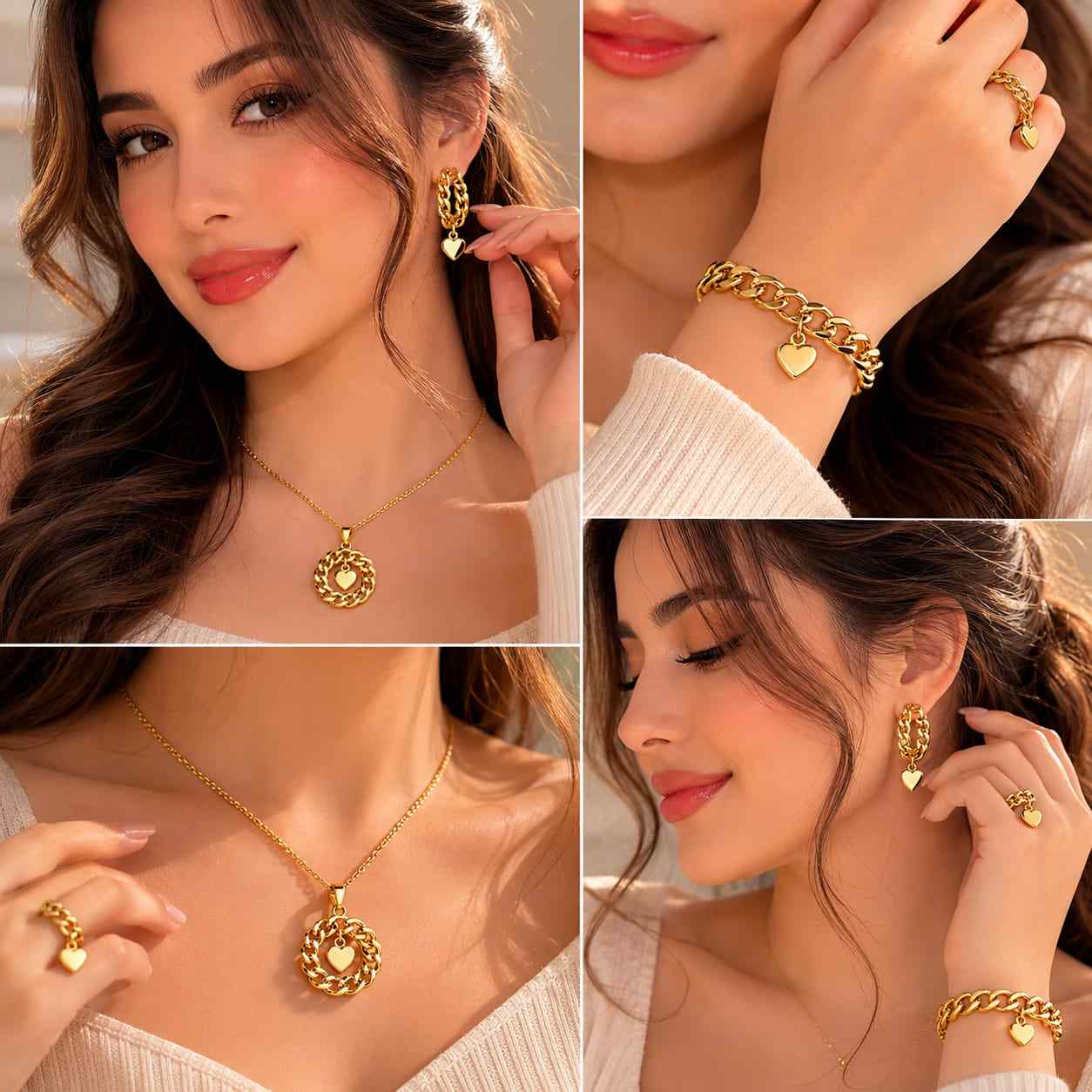 Parure de Bijoux Dorés de Luxe avec Pendentif Cœur (5pcs)