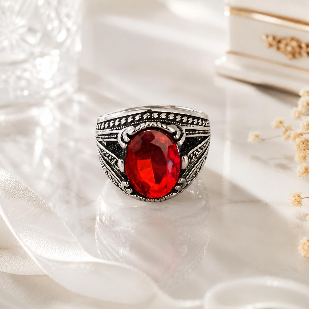 Bague Homme Vintage avec Pierre Rouge Rubis