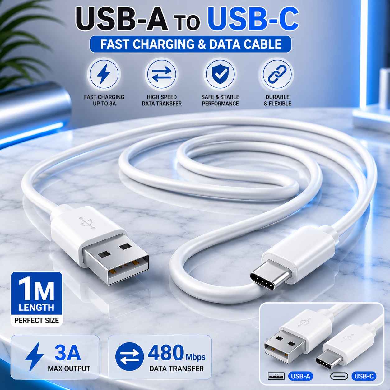 Câble USB-A vers USB-C Charge Rapide & Transfert de Données (1 Mètre)