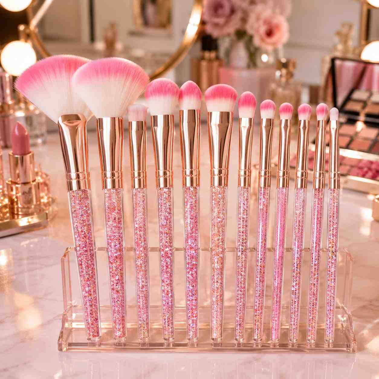Set de 12 Pinceaux de Maquillage Cristal Rose