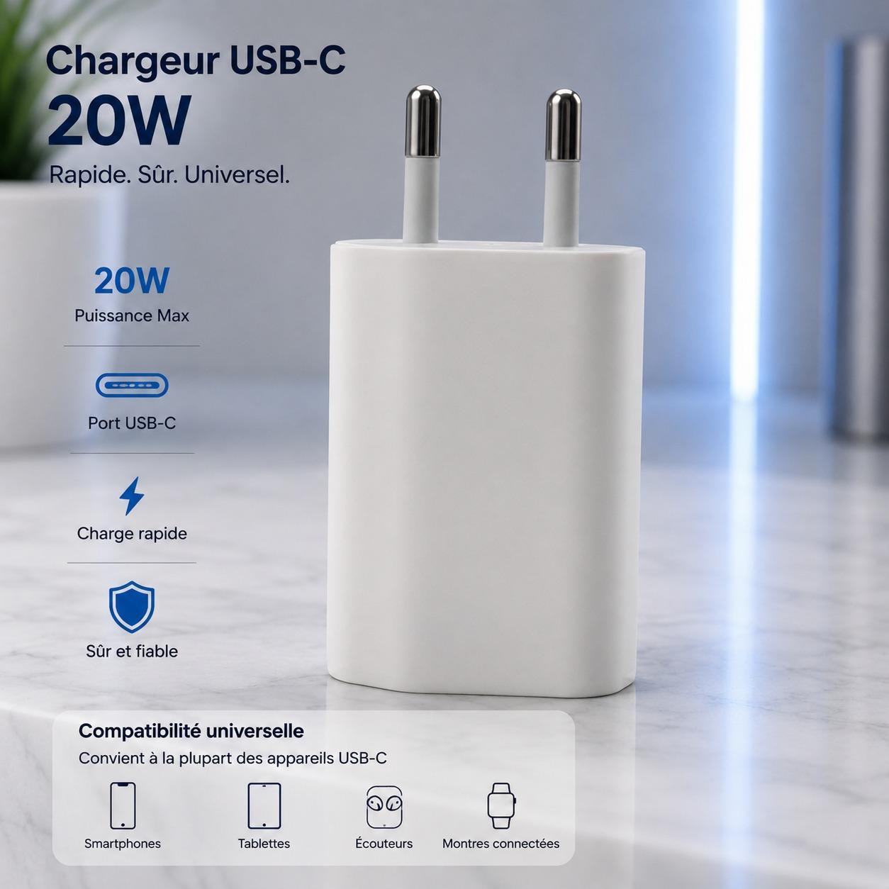 Chargeur Secteur USB-C 20W Charge Rapide