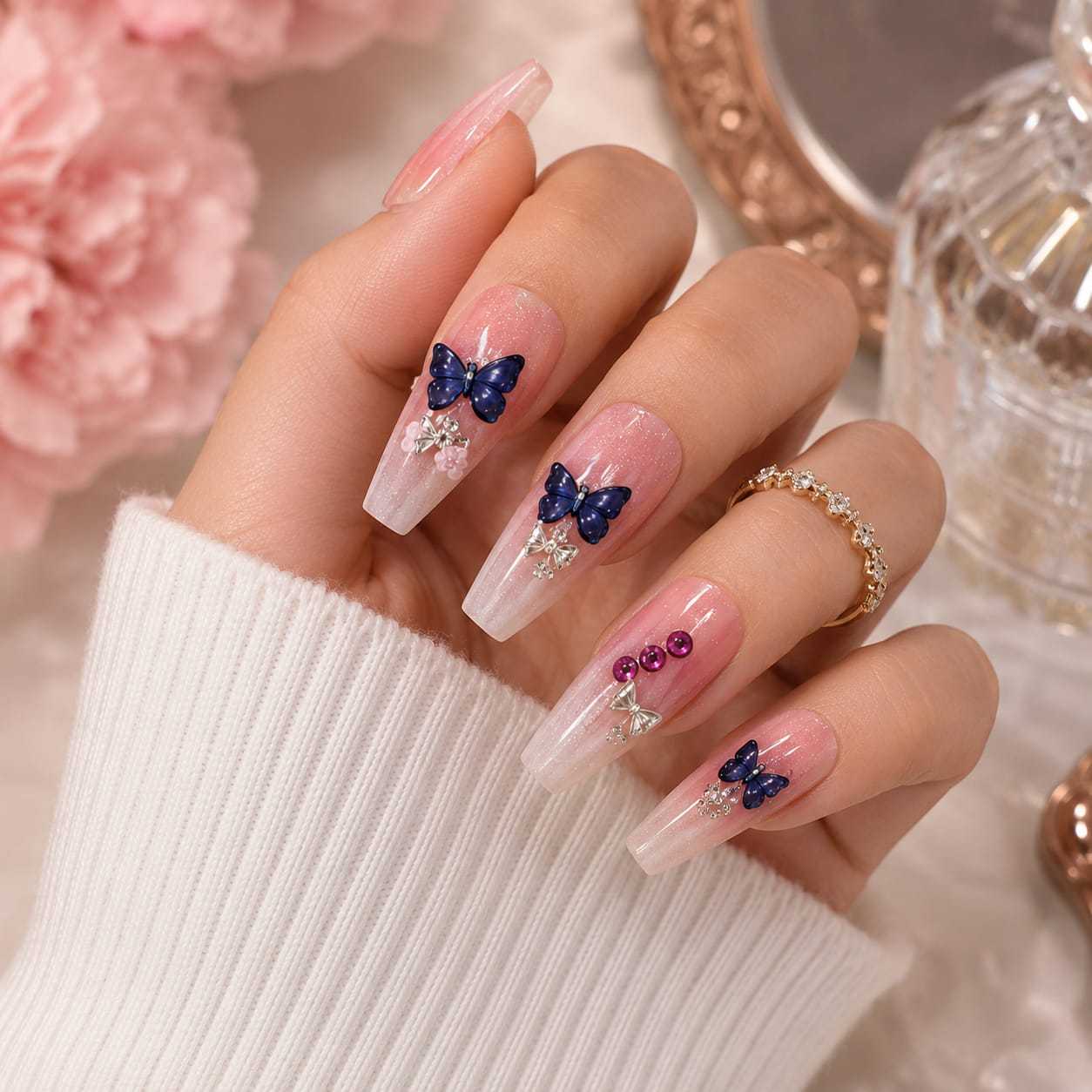 Faux Ongles Press-On Papillon Pailletés