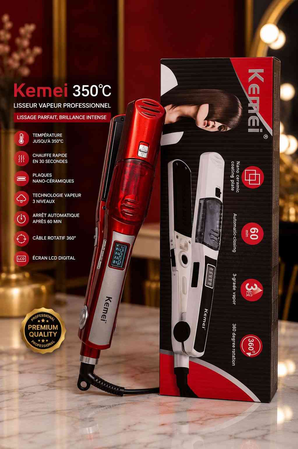 Lisseur Vapeur Professionnel Kemei 350°C