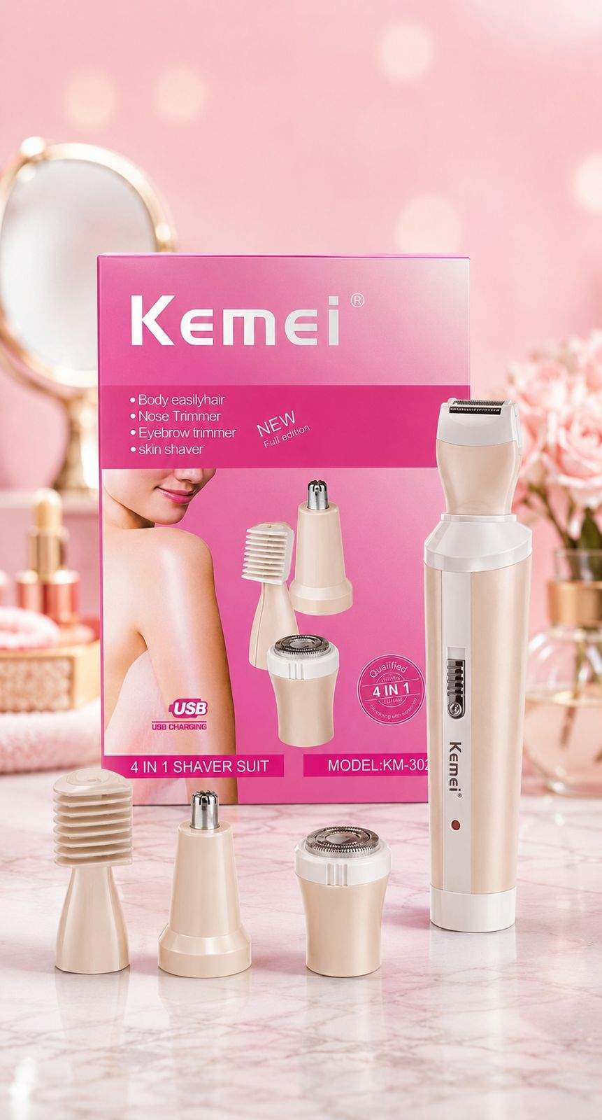 Kemei KM-302 4-in-1 Women’s Epilator & Grooming Kit