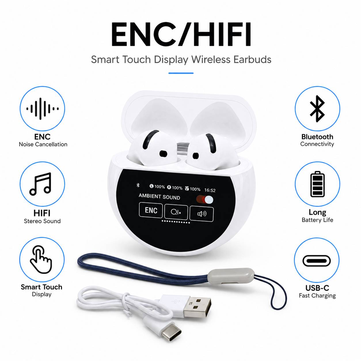Écouteurs Sans Fil ENC/HIFI à Écran Tactile Intelligent