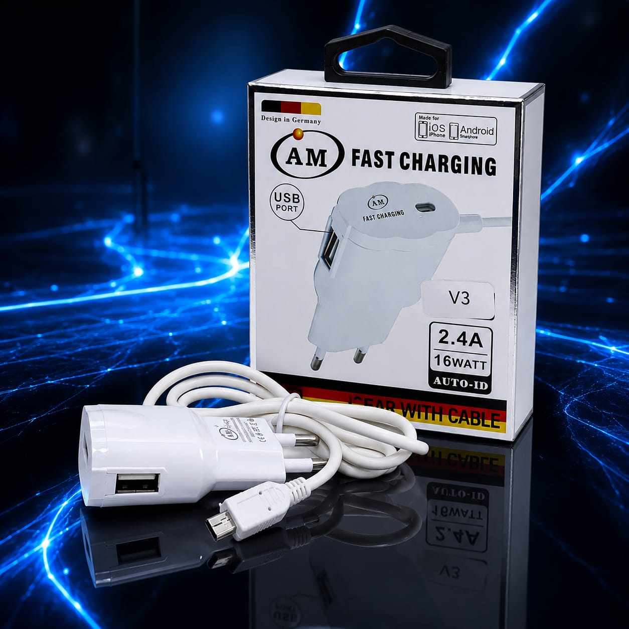 شاحن حائط USB AM للشحن السريع مع كابل