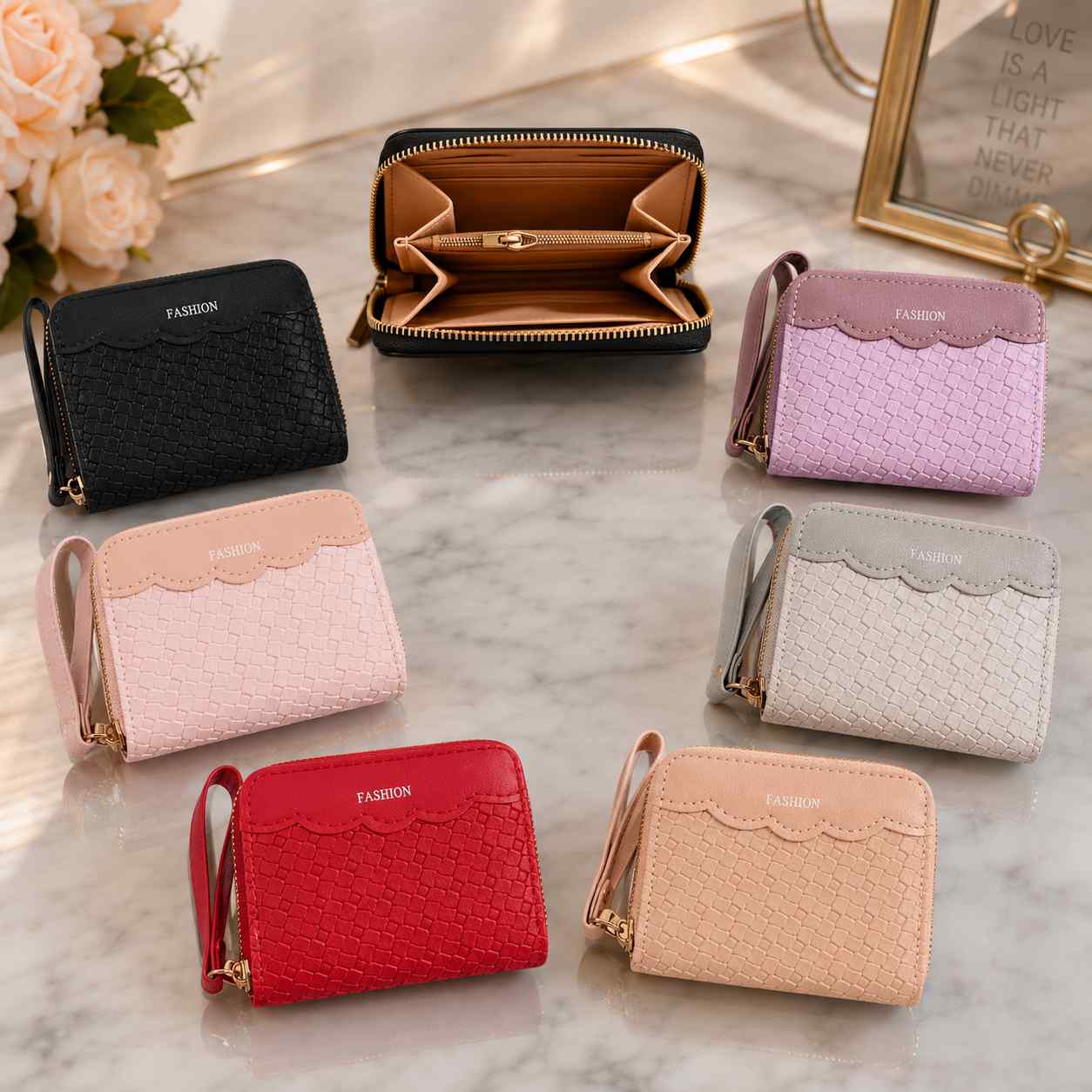 Portefeuille Compact à Fermeture Éclair Motif Texturé