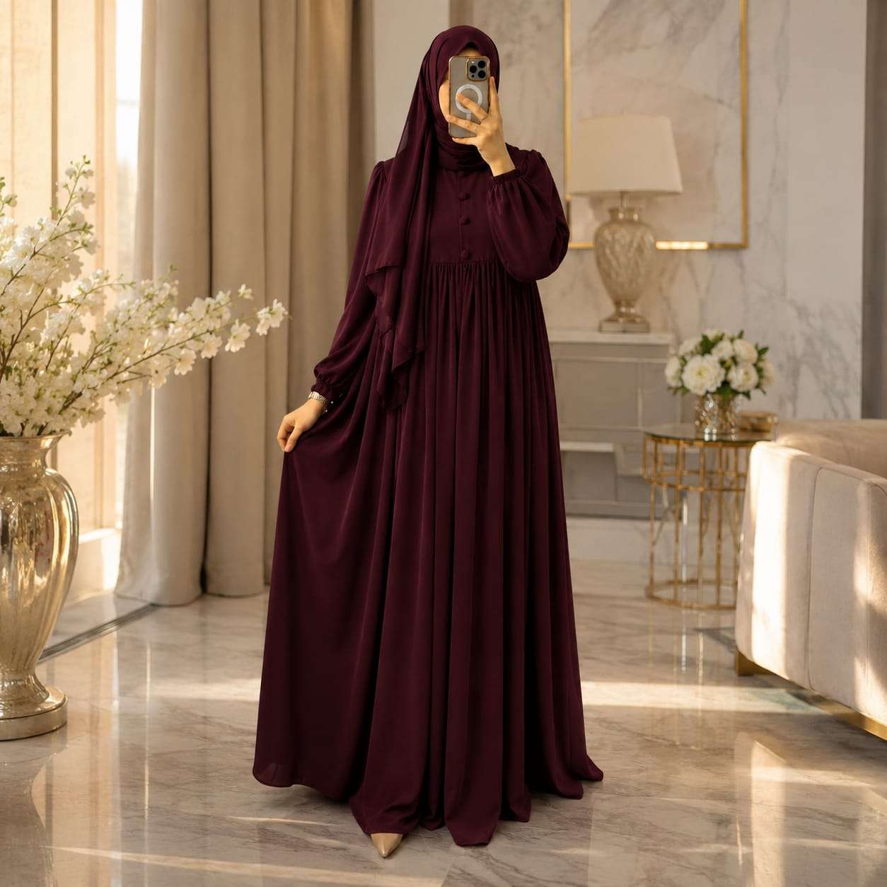 فستان نسائي طويل محتشم مع حجاب
