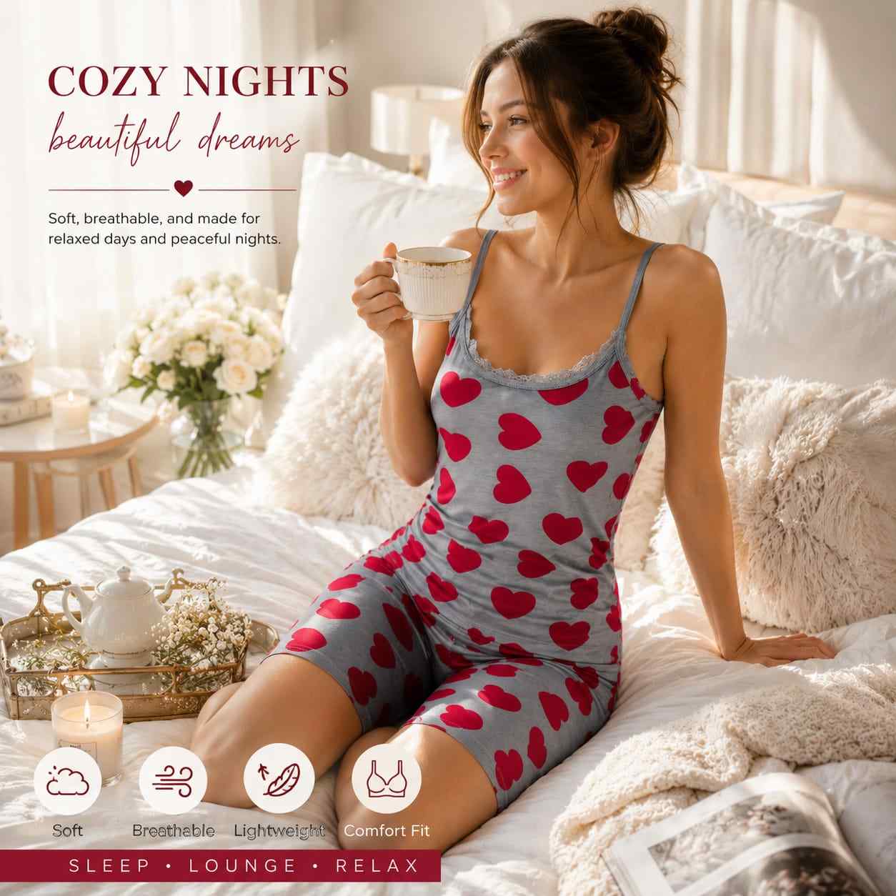 Women's Heart Print Cami Pajama Set
